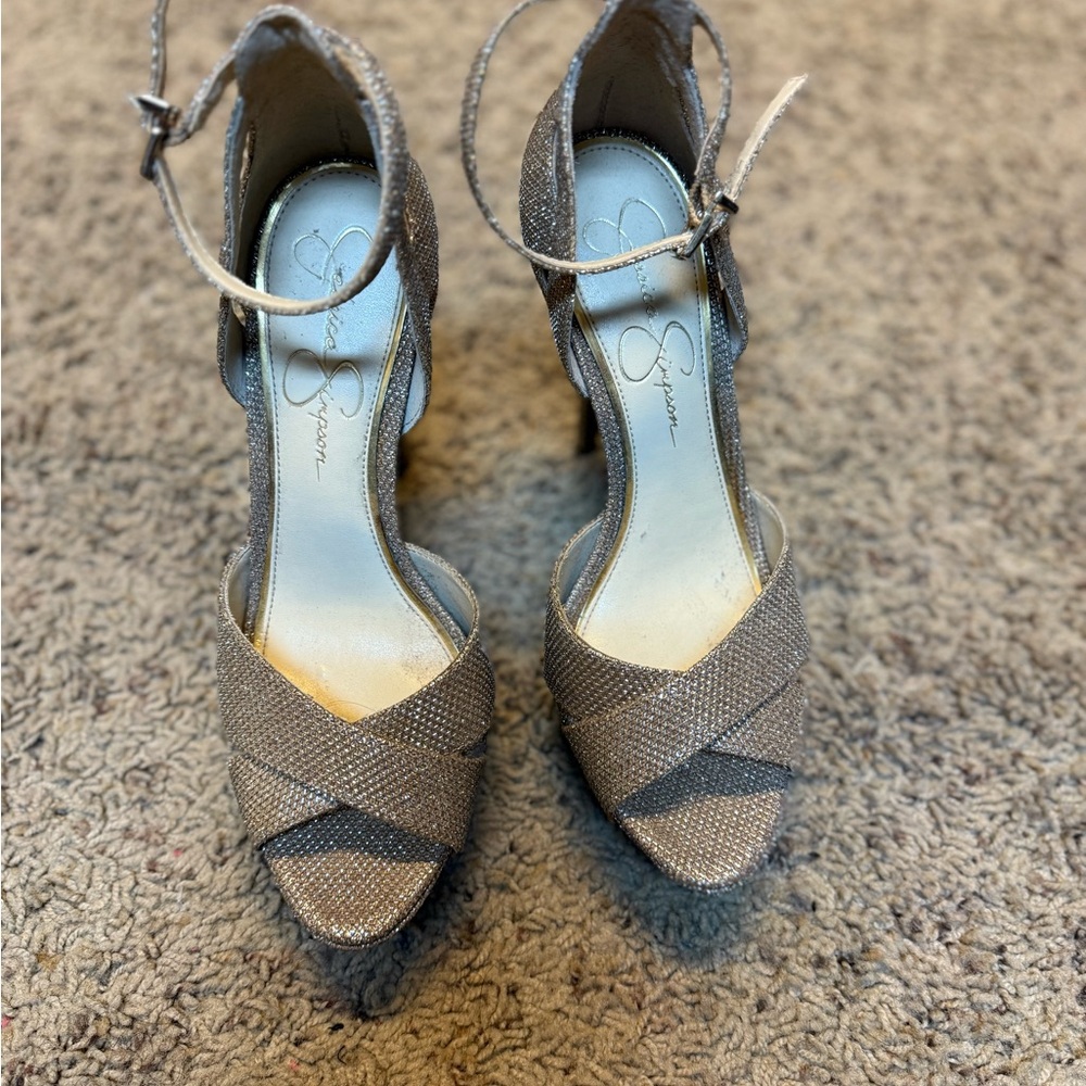 Jessica Simpson Silver Peep-Toe Heels with Ankle Straps